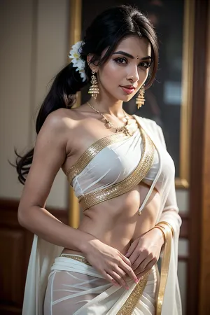 Eine junge Frau, ein professioneller Fotograf, schuf ein hochauflösendes Foto einer indischen Frau, die ein Sare trägt. Die Frau wurde vor einem weißen Hintergrund gestellt, mit ihrem langen schwarzen Haar kaskadiert ihren Rücken. Ihre Haut war glatt und