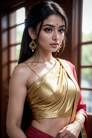 Une photo haute résolution d'une Indienne portant une saree avec ses longs cheveux noirs coulant dans le dos a été générée par un artiste expert pour regarder le plus réaliste possible