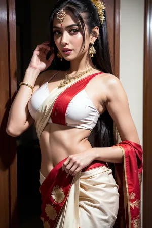 Die AI generierte ein hochauflösendes Bild einer jungen Frau, die eine ultra-detaillierte, beste Qualität weiße Haut saree mit schönen indischen Make-up und langen schwarzen Haar. Sie wurde in einer sexy Pose mit ihrem schlanken heißen und sexy Körper