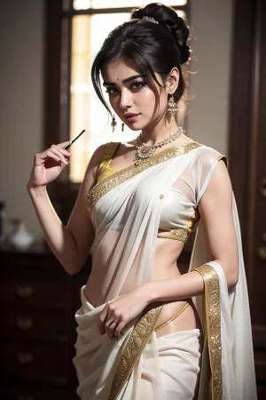 Die AI generierte ein hochauflösendes Bild einer jungen Frau, die eine ultra-detaillierte, beste Qualität weiße Haut saree mit wunderschön detaillierten und feinen Details trägt. Sie hatte lange schwarze Haare, die ihren Rücken kaskadierten, und ihre schlanke Figur war perfekt