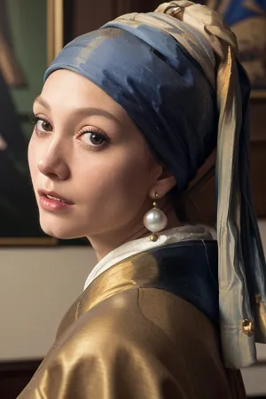 一个女人 Vermeer "带着珍珠耳环的女孩" 18 Yo, 巨大的乳房 侧面 上身的视图