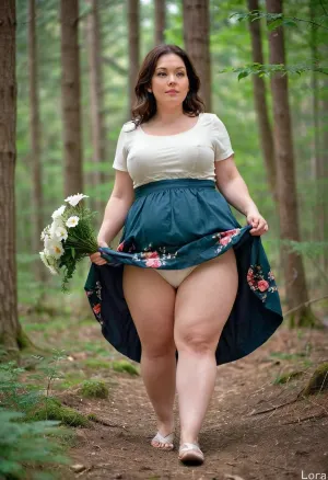 A woman in a dress was collecting flowers in the forest when she noticed a gust of wind blowing her skirt up, revealing her thick ass and panties. She quickly pulled them back down, embarrassed by being caught in such a vulnerable position