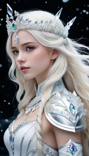 Una joven con pelo largo y paleta de colores suaves, usando una armadura con temática de hielo, estaba pintando una imagen de una tiara hecha de hielo. Tenía un fondo negro simple y una armadura blanca que reflejaba la luz. La textura de su cabello era