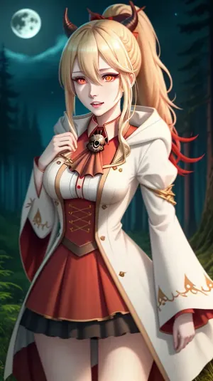 长角和发光的眼睛的女人,在黑暗森林中自慰时,被看见抓住自己的胸部,周围是树木和灌木丛. 她有宽裙和高跟鞋,头发在马尾. 那个女人穿的