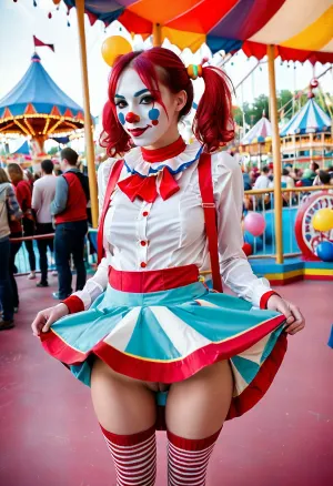 young beautiful girl 18 years old, (camera from the floor:1.5), (clown makeup:1.5), (skinny:1.5), (white face paint), (clown costume), (colored clown dress:1.5), (Confused girl shows her pussy by lifting up her skirt:1.5), (lifted skirt:1.2), (no panties:1.4), (pussy, smooth pussy:1.2), (high striped socks:1.3), (back long high twin ponytails:1.5), (multi-colored hair:1.2), (amusement park:1.3), a lot of people in the background, ((cinematic style)), <lora:skirtlift_xl:.5>