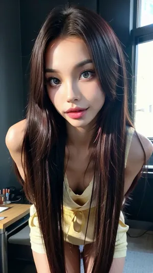 The woman in the picture is smiling and looking into the camera with high resolution. She has highly detailed symmetrical shiny eyes, a bright makeup, and nude body