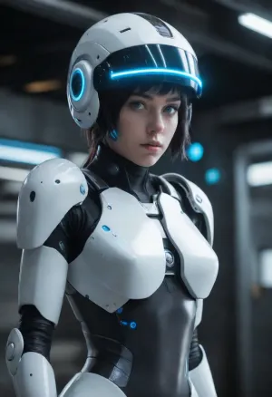 La jeune fille adulte aux yeux bleus brillants dans une armure avec un focus aiguisé, un casque de cyborg, et pleine prise de corps est la photo de focus ultra pointu de Liam Wong