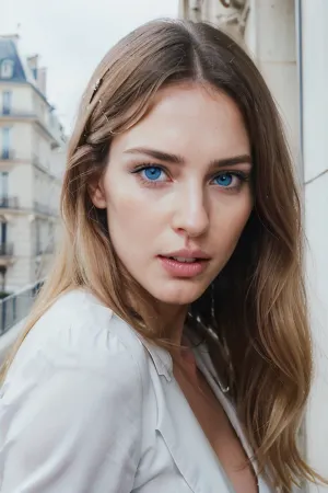 The blonde woman with a French accent was standing on the balcony of her Paris apartment, looking out over the city. She had a beautiful face with high cheekbones and perfectly symmetrical features. Her blue eyes were bright and piercing, and her nose was