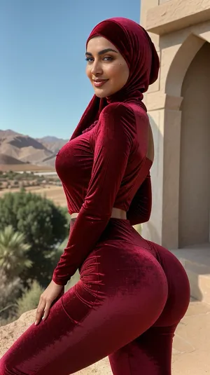 照片中的女人戴着卡美洛的阴道,手放在臀部和腿部上张开宽阔. 她有一个美丽的微笑 并看着远处 与完美的照明 她的脸。 她的头发松了下来