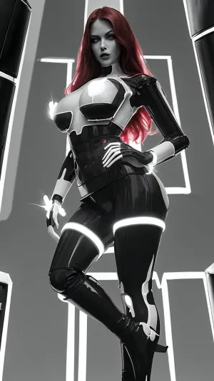 A 33-year-old American woman with a sexy superhero costume and big eyes and full lips is standing tall with her legs spread wide apart in a sexy superhero costume. She has perfect eyes, light gray hair, and perfect eyes closed with tight bun