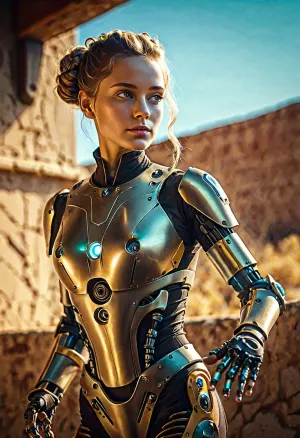 A beautifully crafted Android girl glides gracefully on rollers, her artificial hands gliding effortlessly across the surface
