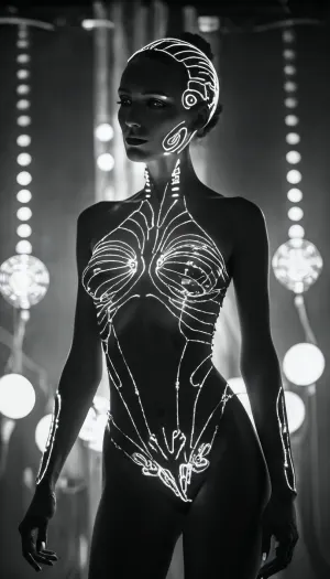 In a dark and dingy disco, the lights flickered on and off as the skeleton in a disco strutted across the dance floor. The woman's A-line dress flowed around her as she danced to the pulsing beat of the music