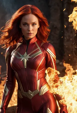 masterpiece, top quality, phoenix dark is x-men, (beautiful and aesthetic:1.2), (1girl:1.3), (full body:1.5), red suitbody, looking at viewer, fire hair, extreme detailed, (fire hands:1.5), fire, smoke, goddess, detailed, detail fingers, detail face, ultra realistic, 32k, extremely detailed CG unity 8k wallpaper, best quality