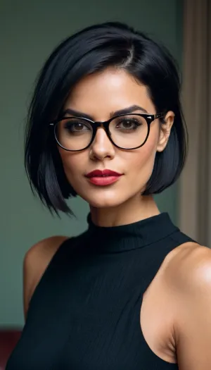 La femme sur la photo avait 30 ans, avec un poil noir bobcut et des lunettes noires sans fond. Elle avait un joli grand visage et portait une lingerie noire sexy. Son visage de beauté était irrésistible, et elle ressemblait à