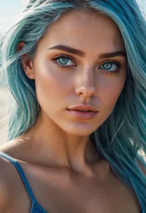 照片中的年轻女子非常美丽,几乎不真实. 她光滑的,瓷质的皮肤在阳光下闪耀,她的蓝色头发像瀑布一样从背部流下来. 她穿着比基尼 炫耀