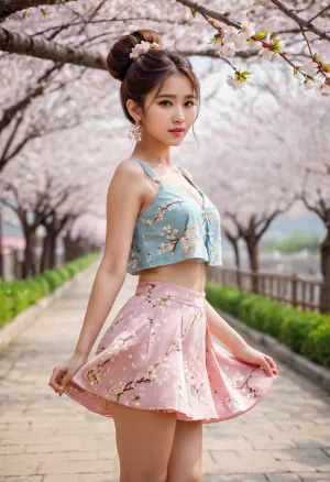 Una linda cara con una sonrisa brillante y el pelo largo fue capturado en un entorno al aire libre, rodeado de árboles de cerezo y balanceándose en la brisa. El vestido de la chica estaba hecho de pétalos de flores, y su joyería estaba hecha de vaquero
