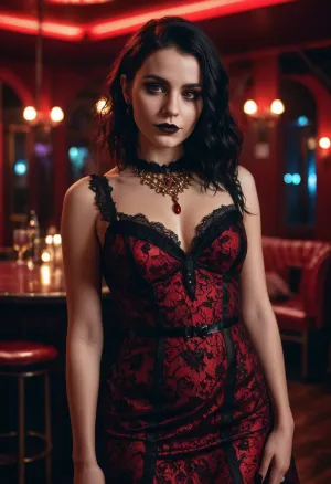 Une image porno de haute qualité de 8k uhd d'une femme portant une robe dans un club la nuit avec un grain de film de haute qualité, éclairage doux, et une goth entièrement du corps regarder le spectateur