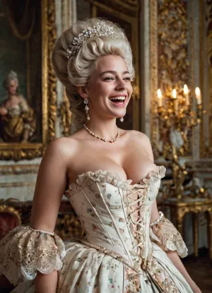 一个高清的摄影现实主义形象 一个女人在她的18岁, 与完整的站立观, 笑女王玛丽 - 安托伊内特, 没有胸部