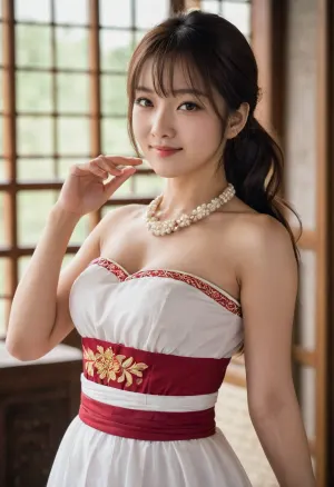 A IA gerou uma imagem de alta resolução de uma mulher em um vestido sem mangas com ombros nus e contas em seu pescoço. Ela estava olhando para o espectador com um sorriso acolhedor, e seus seios médios foram visíveis através do vestido. A coxa da mulher