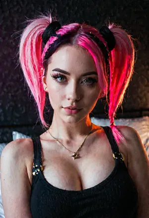 The AI generated a picture of a girl with big breasts, glowing eyes, and thick black eyelashes. She was wearing neon pink hair and thick black eyelashes. Her character outline was seductive looking with arched back and dark background. She