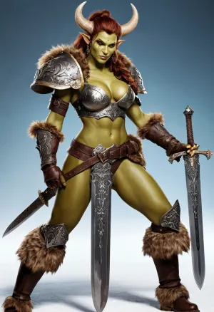 The best quality AI-generated picture of a Barbarian woman wielding a heavy sword in the midst of battle, wearing heavy armor and holding a large sword