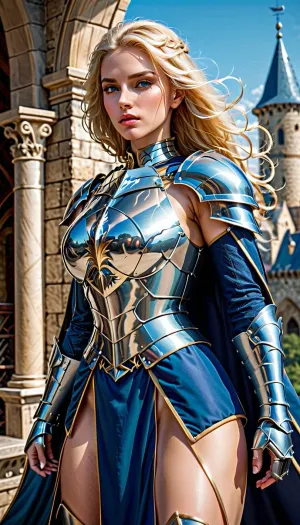 La chica valiente estaba en el balcón, admirando la magnífica vista del castillo de fantasía, sosteniendo una gran espada con una hoja de dragón azul pulido y un borde de oro en el mango. Su larga armadura sedosa a escala de dragón azul abrazó perfectamente sus curvas,