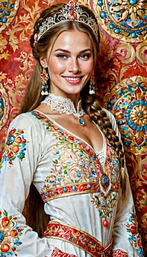 La donna nella foto indossa un costume nazionale dalla Russia, con vista a lunga distanza del suo corpo pieno. Ha un arrossimento sulle guance e sul naso, un sacco di lentiggini sul suo viso e sulla sua pelle, occhi amorevoli ipnotizzati,