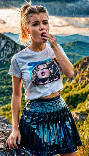 A beautiful girl with a wet men's T-shirt and a skirt with pleats, wearing Barbie hairstyle, stands on top of a mountain in a wet men's T-shirt and a skirt with pleats