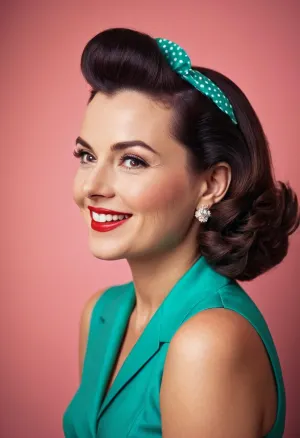 20世纪50年代,一位长着长流的头发和灿烂的微笑的美丽女子坐在电脑屏幕前. 她当时身着一身多彩的1950年代服装,以高跟鞋和短裙完成. 她的颈部低,