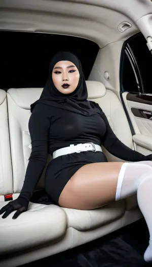 La donna si trova sui sedili in pelle bianca della limousine, spalanca le gambe, rivelando il suo seno bianco paffuto e la figa asiatica stretta di 20 anni. Le sue labbra sono dipinte con un colore grigio lucido, e lei indossa un