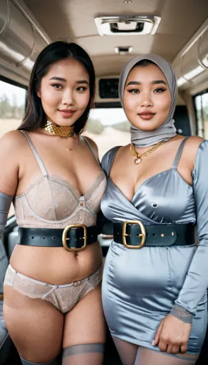 Due donne, una con una faccia paffuto e l'altra con una faccia felice, erano sulla loro strada per un lussuoso camper bus. La donna nell'hijab grigio indossava una cintura dorata di 18 anni, guanti di lusso moderni, e
