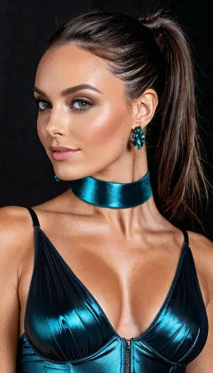 Un modèle de 28 ans avec boucles d'oreilles assorties et un poil de queue de cheval élevé est présenté dans une photo de Laura Antonelli générée par AI. Elle a de gros seins, un visage lisse et des yeux sombres. Son sourire est vif, et elle