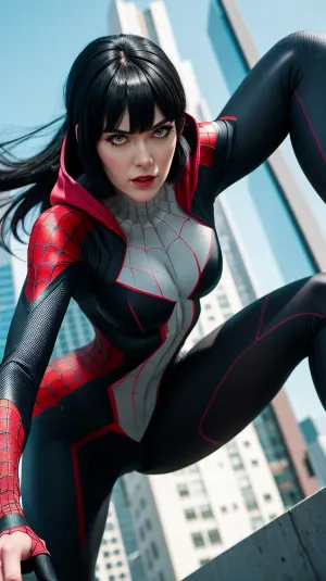 중간 길이의 검은 머리카락과 창백한 피부를 가진 스파이더 드레스의 여성은 그녀의 손에 카메라를 보유하고 있으며 사진이나 기타를 찍을 준비가되어 있습니다. 그녀 wears a Spider-Gwen 의상 부터 영화 across the Spider-Vers