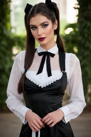 Garterbelt, a empregada francesa com seus tranças sensuais e tecido de alta qualidade, ficou em frente ao espectador com um olhar sedutor em seu rosto. Ela estava usando um garterbelt preto e meias pretas que abraçavam suas curvas