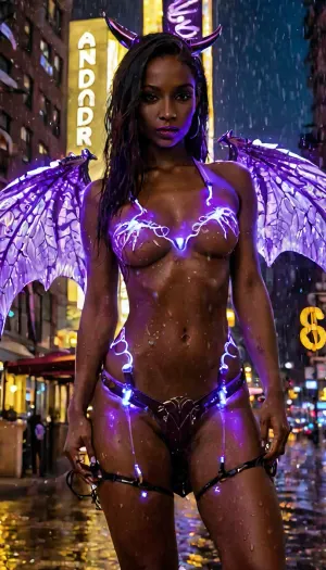 Una mujer con alas en la espalda y tatuajes en su cuerpo estaba frente a un pub oscuro, sosteniendo una gran polla demonio en su mano. Llevaba ropa de pellejo que revelaba sus tatuajes y el pelo negro largo que corría hacia abajo
