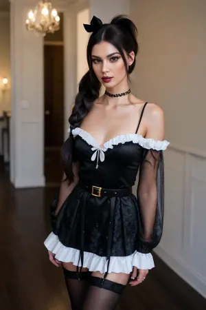 A Garterbelt AI fotorealismo pornô foto é uma imagem ultra-detalhada de 8k de alta qualidade com uma configuração de iluminação profissional. Possui a bela cara do modelo, que está usando o olhar de empregada francesa e tem cabelos longos pigtails