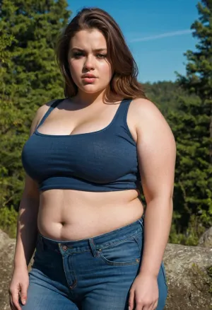 A topless, chubby girl with huge tits and tight jeans is the protagonist of a photo realistic, masterpiece AI generated pornographic story
