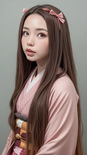 EnakoV1's latest artwork, a stunning 1girl with long hair and a checkered sash, captures Kamado Nezuko's essence perfectly. The kimono is made of bamboo and has a gradient color scheme, with pink eyes and