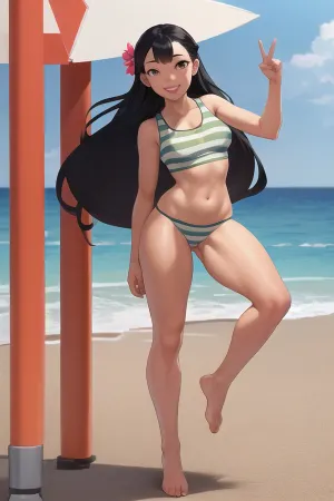 Nani Pelekai, a beautiful and busty girl with long hair and brown eyes, was wearing a one-piece swimsuit with full body. She had a navel, standing midriff, and long hair. She was smiling while
