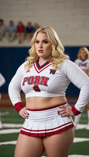 Sarah navega por "pornworks.ai" y se imagina en un uniforme de porrista siendo utilizado por un hombre grande, musculoso con una enorme polla. No puede evitar fantasear sobre ser utilizado por un hombre grande y musculoso para