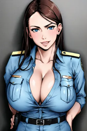 The sexy policewoman in her tight-fitting uniform took a picture of the suspect with her cleavage on full display, showing off her body