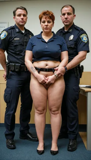 (((WOMAN IN HANDCUFFS))), courtroom, court, humiliation, nude curvy tattooed humby 65-year-old woman guarded by 20-year-old uniformed police officer, men look at her, jurors look at her, judge looks at her, ultrarealistic, soft lighting, 8K, ultra HD, full length, photorealistic image, 8k, <lora:sagging-000015:.5>, <lora:megachubsdxl_13:.3>, <lora:274698_training_data:.7>, <lora:XL-coupleMV2:.5>