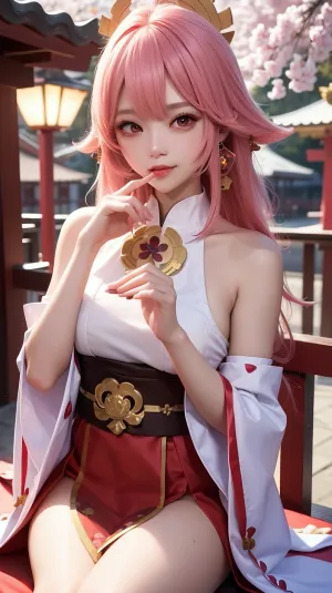 Yae Miko" is a traditional Japanese idol with long hair, pink hair, detached sleeves, bare shoulders, breasts exposed through the upper arms and a slit in her clothes. She has thick lips and shiny skin with deep purple eyes set in