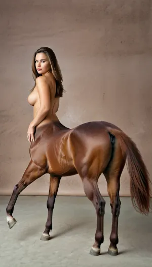 Una donna con un corpo centauro e una faccia femminile ha trascorso il giorno a fare sesso con il suo cavallo marrone, che ha avuto la sua coda su e le sue zoccole dietro di esso