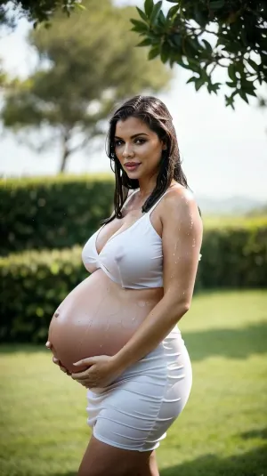 Um fotógrafo profissional capturou um modelo grávida no exterior em um campo, embebindo molhado da chuva. Ela está usando um vestido de festa de chá sexy que se agarra ao seu corpo, mostrando suas curvas e figura voluptuosa. Seu cabelo está molhado e