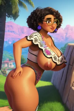 米拉贝尔(Mirabel)是一位有着棕色眼睛和长棕色头发的女性,站在一个漂亮的房子前,戴着绿色圆形眼镜. 她穿的整身衣服 使她的弯曲更突出 这是最好的材料