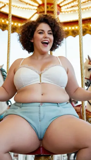 La donna grassa con il taglio di capelli pixie stava cavalcando su una giostra, le sue gambe spalancate. Aveva una foto di un'intelligenza artificiale generato immagini pornografiche sul suo telefono, e lei lo stava usando per masturbarsi