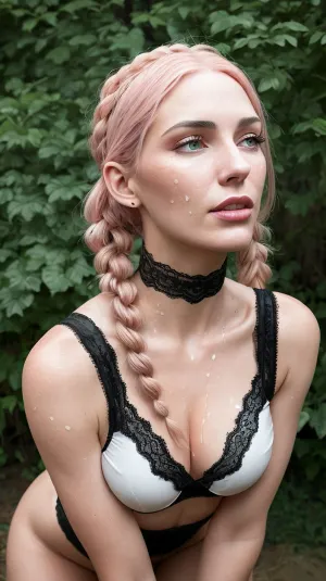 A mulher na imagem é uma beleza eslava com olhos azuis piercing e lábios cheios. Ela está de joelhos, coberta de cum, exausta, mas satisfeita. Seu corpo é sereno como ela olha para o céu, batendo no depois