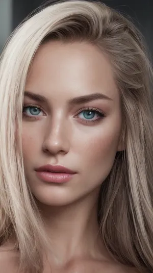 Ein fotorealistisches Nude-Modell mit epischen Proportionen, perfekter Haut, großen schönen Augen und einer vollbusigen frontalen Muschi