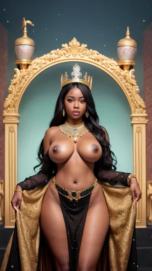 La Reine africaine se tenait grande avec ses yeux de noisette et ses lèvres pleines, tenant une épée dans une main et un gros seins dans l'autre. Elle avait de longs cheveux foncés qui s'étaient encastrés dans le dos, et des talons hauts qui les rendaient encore plus longs